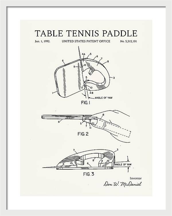 Table Tennis Paddle Minimalist Patent Us5312101a