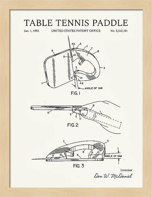 Table Tennis Paddle Minimalist Patent Us5312101a