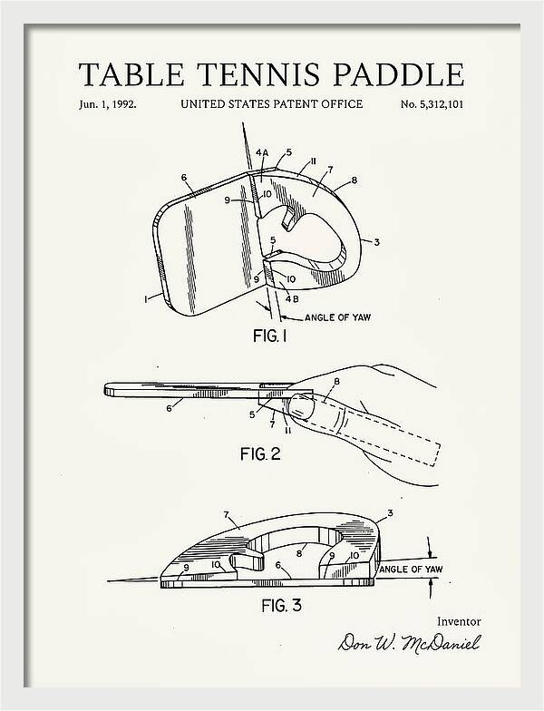 Table Tennis Paddle Minimalist Patent Us5312101a