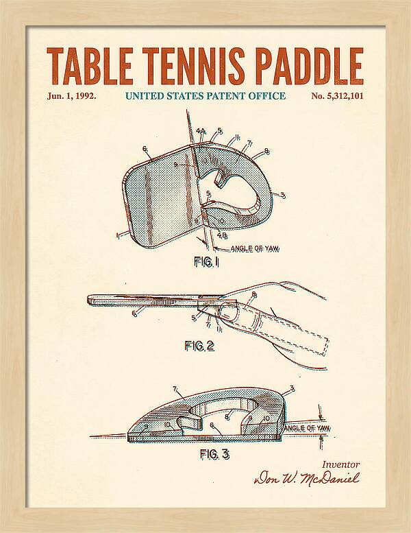 Table Tennis Paddle Retro Patent Us5312101a