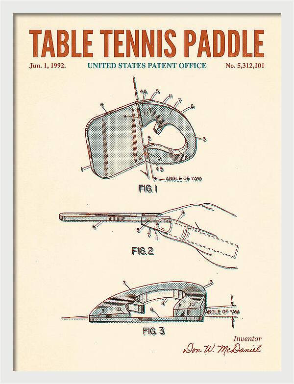 Table Tennis Paddle Retro Patent Us5312101a
