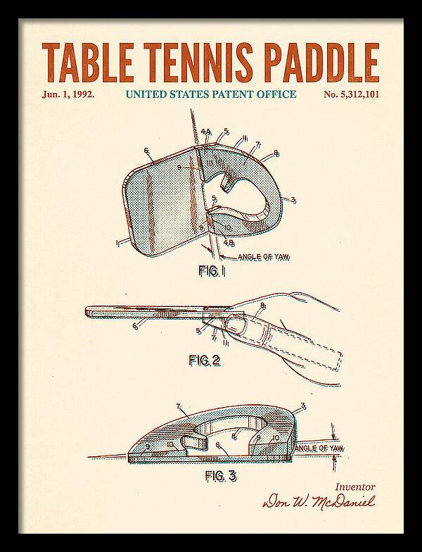 Table Tennis Paddle Retro Patent Us5312101a
