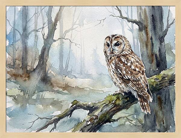 Tawny Owl In Misty Forest