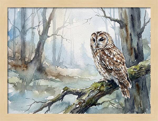 Tawny Owl In Misty Forest