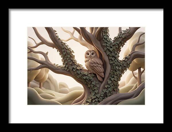 Tawny Owl Roosting In Ivy Covered Oak