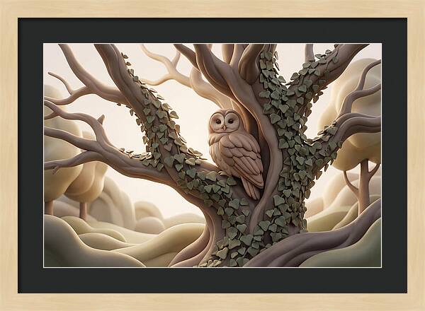 Tawny Owl Roosting In Ivy Covered Oak