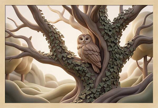 Tawny Owl Roosting In Ivy Covered Oak