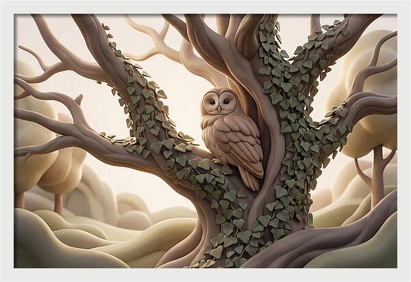 Tawny Owl Roosting In Ivy Covered Oak