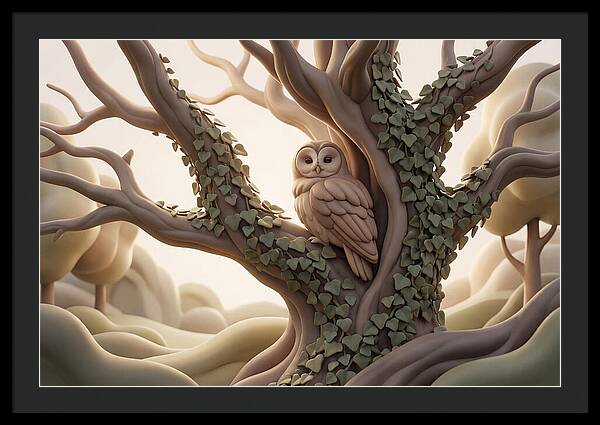 Tawny Owl Roosting In Ivy Covered Oak