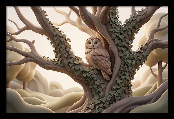 Tawny Owl Roosting In Ivy Covered Oak