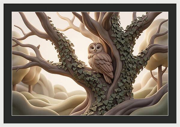 Tawny Owl Roosting In Ivy Covered Oak
