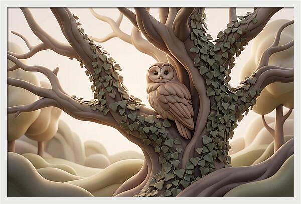 Tawny Owl Roosting In Ivy Covered Oak
