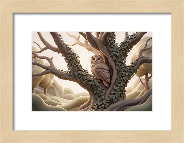 Tawny Owl Roosting In Ivy Covered Oak