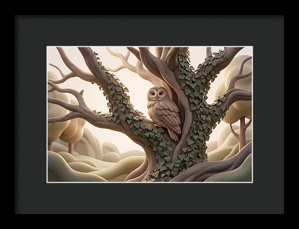Tawny Owl Roosting In Ivy Covered Oak