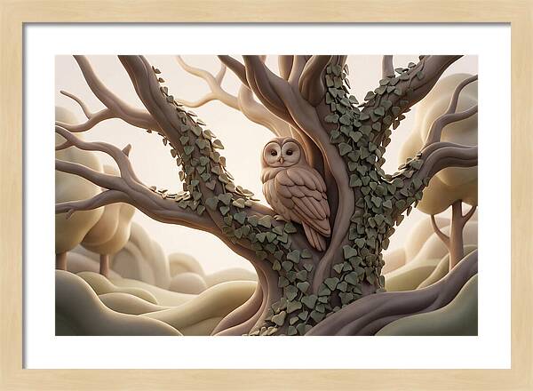Tawny Owl Roosting In Ivy Covered Oak