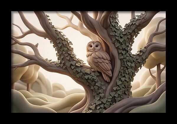 Tawny Owl Roosting In Ivy Covered Oak