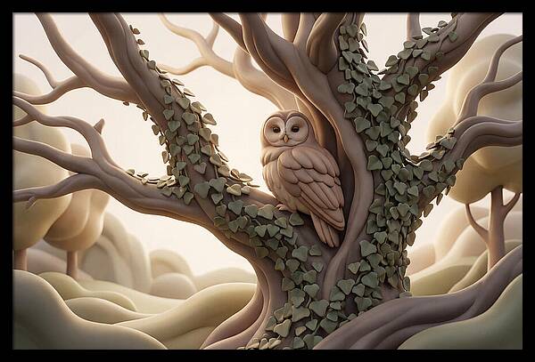 Tawny Owl Roosting In Ivy Covered Oak