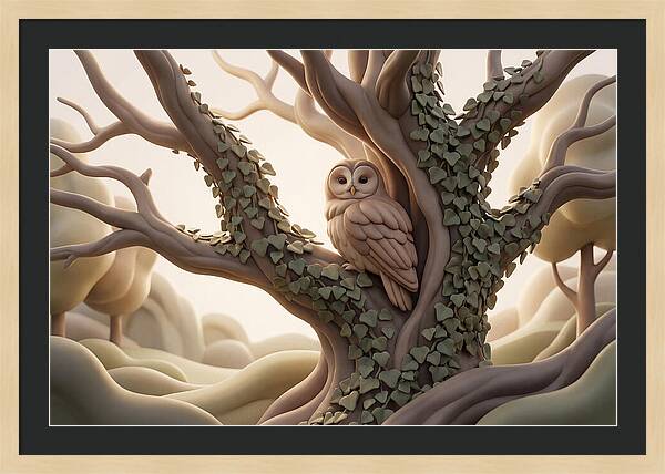 Tawny Owl Roosting In Ivy Covered Oak
