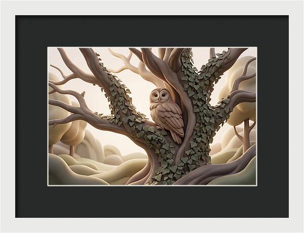 Tawny Owl Roosting In Ivy Covered Oak