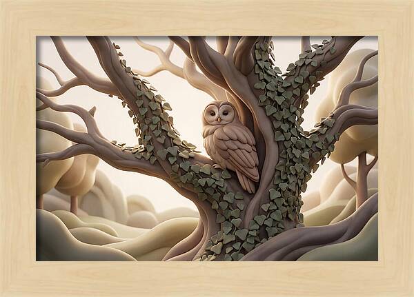 Tawny Owl Roosting In Ivy Covered Oak