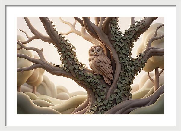 Tawny Owl Roosting In Ivy Covered Oak