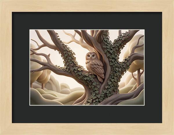 Tawny Owl Roosting In Ivy Covered Oak