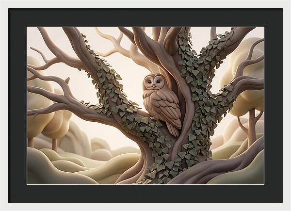 Tawny Owl Roosting In Ivy Covered Oak