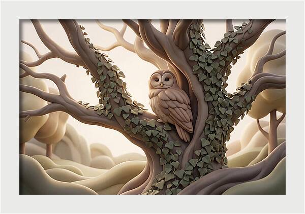 Tawny Owl Roosting In Ivy Covered Oak
