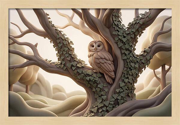 Tawny Owl Roosting In Ivy Covered Oak