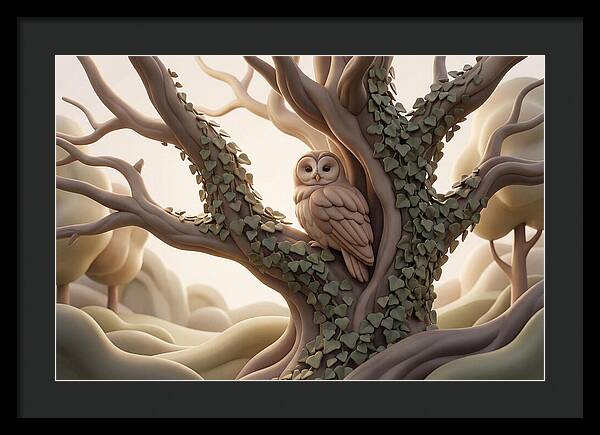 Tawny Owl Roosting In Ivy Covered Oak