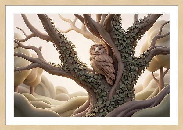 Tawny Owl Roosting In Ivy Covered Oak