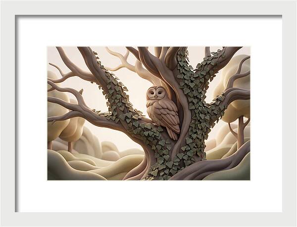 Tawny Owl Roosting In Ivy Covered Oak