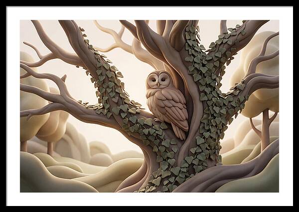 Tawny Owl Roosting In Ivy Covered Oak