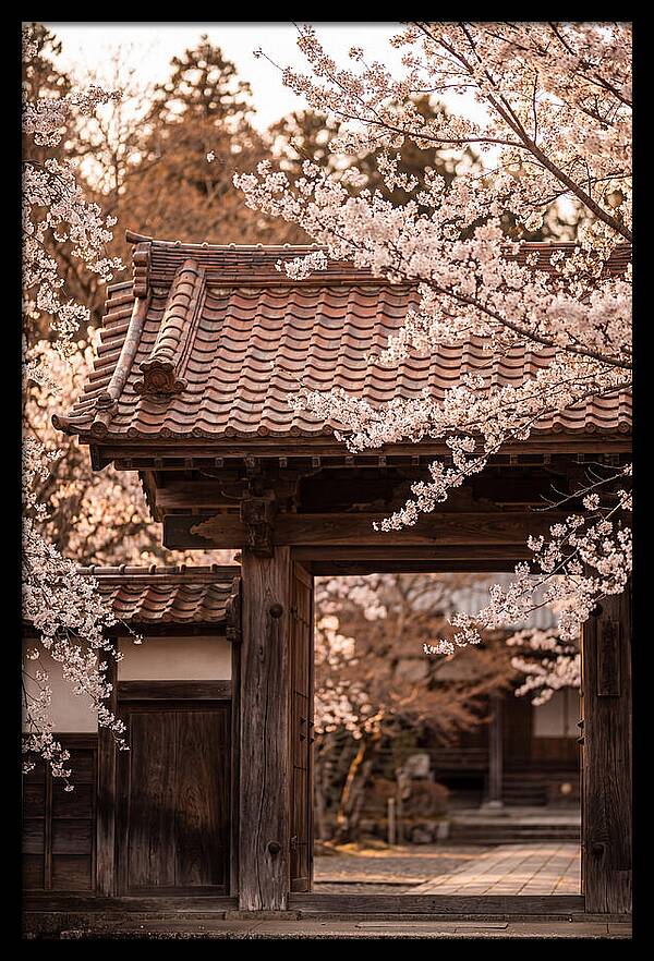 Temple Gate Framed By Blossoms