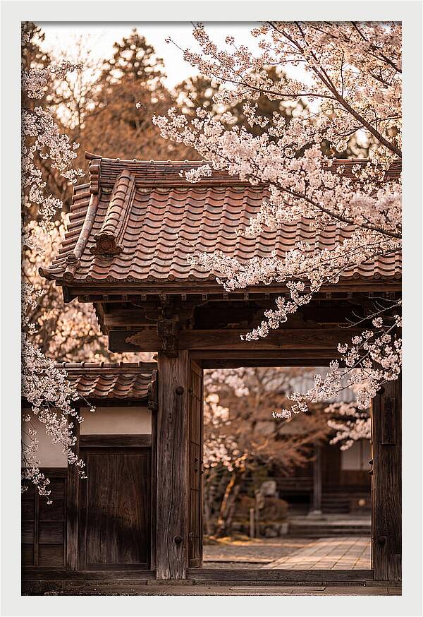 Temple Gate Framed By Blossoms