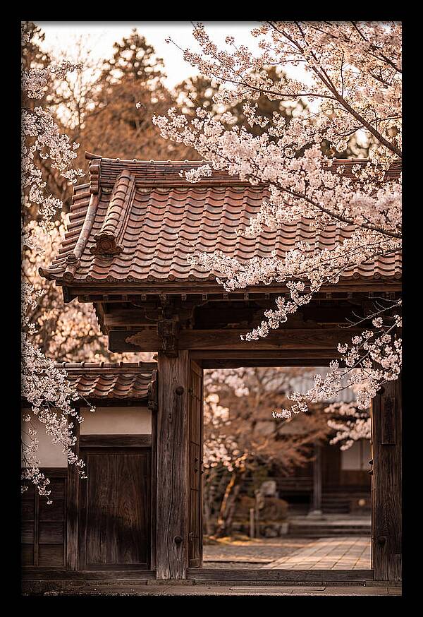 Temple Gate Framed By Blossoms