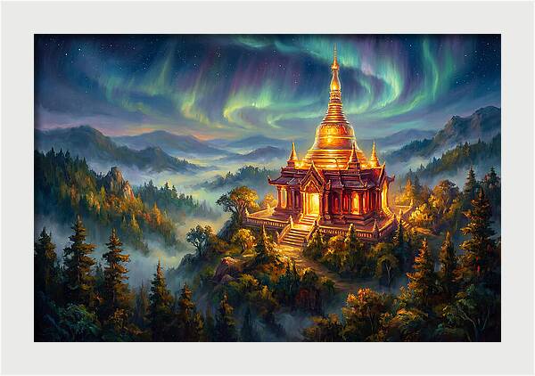 Temple Pagoda Under Aurora