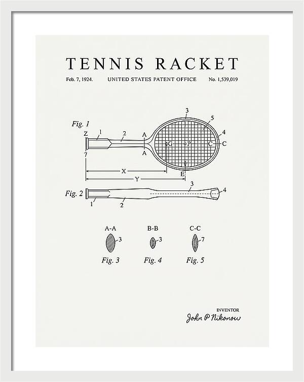 Tennis Racket Minimalist Patent Us1539019a