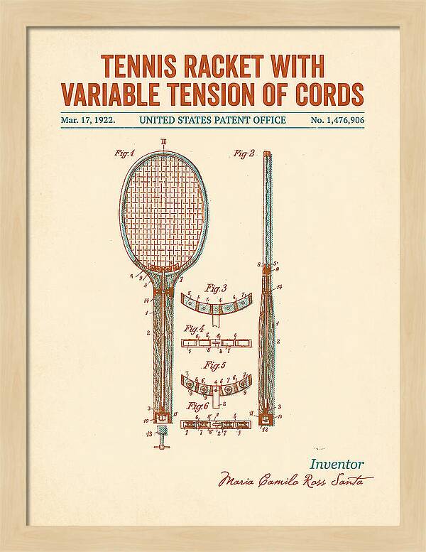 Tennis Racket With Variable Tension Of Cords Retro Patent Us1476906a