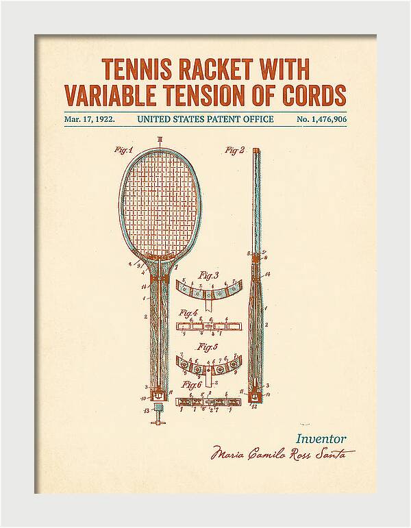 Tennis Racket With Variable Tension Of Cords Retro Patent Us1476906a