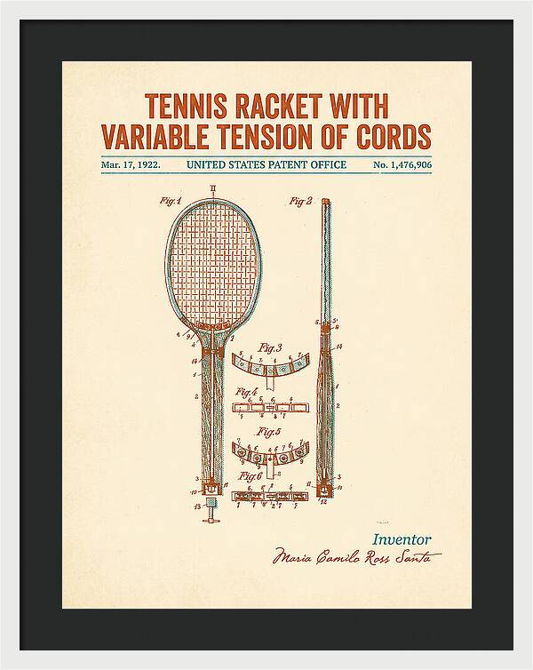 Tennis Racket With Variable Tension Of Cords Retro Patent Us1476906a