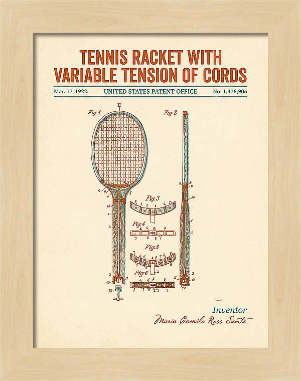 Tennis Racket With Variable Tension Of Cords Retro Patent Us1476906a