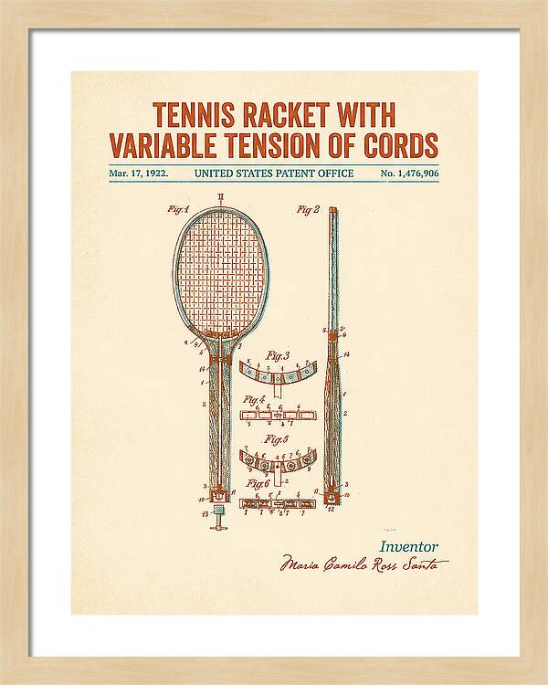 Tennis Racket With Variable Tension Of Cords Retro Patent Us1476906a