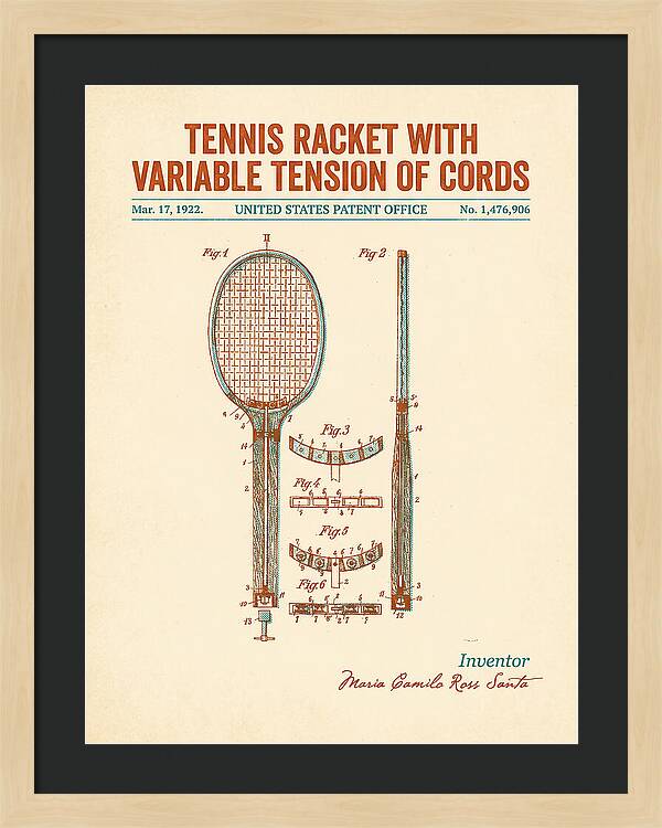 Tennis Racket With Variable Tension Of Cords Retro Patent Us1476906a