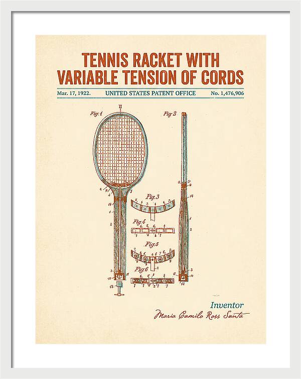Tennis Racket With Variable Tension Of Cords Retro Patent Us1476906a