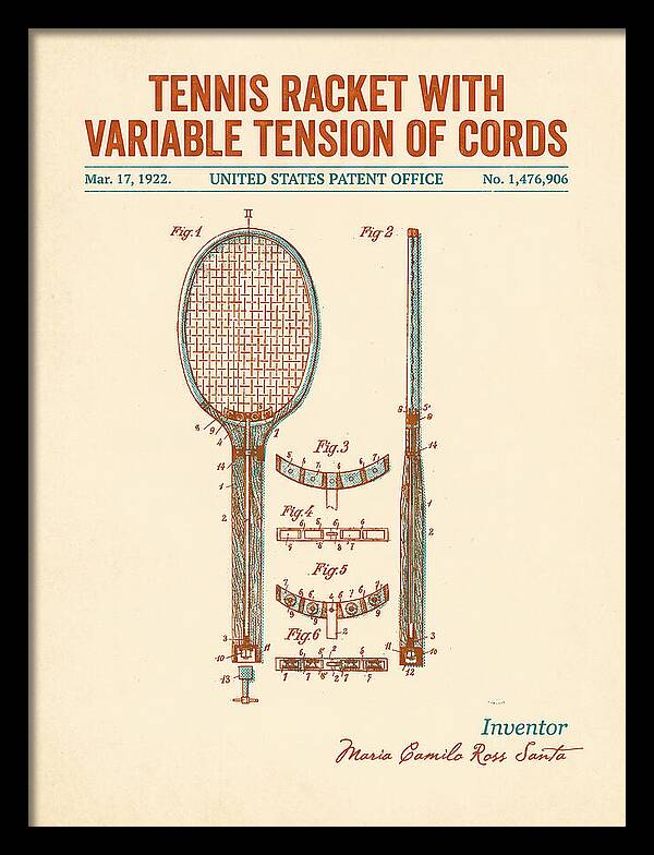 Tennis Racket With Variable Tension Of Cords Retro Patent Us1476906a