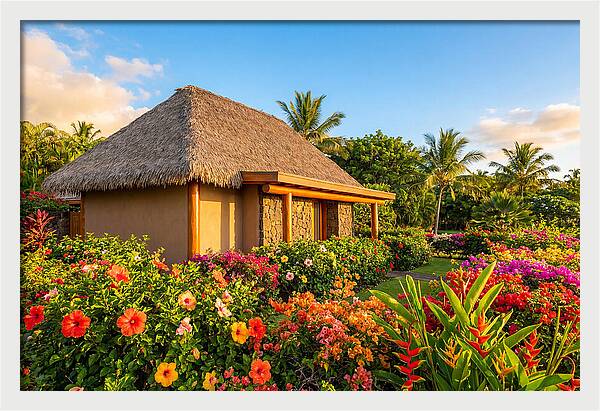 Thatched Roof Cottage Surrounded By Blooms