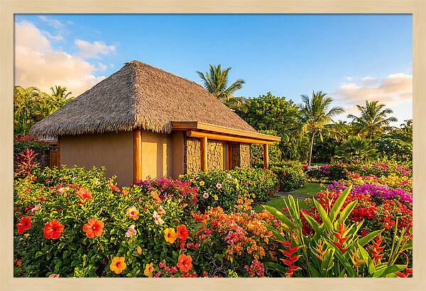 Thatched Roof Cottage Surrounded By Blooms