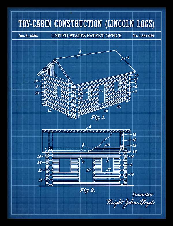 Toy Cabin Construction Lincoln Logs Blueprint Patent Us1351086a