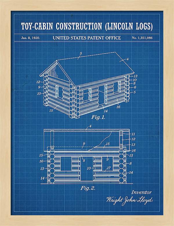 Toy Cabin Construction Lincoln Logs Blueprint Patent Us1351086a